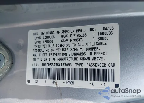 2006 Honda Accord 2.4 Lx из США, поврежденный, VIN 1HGCM56476A137093